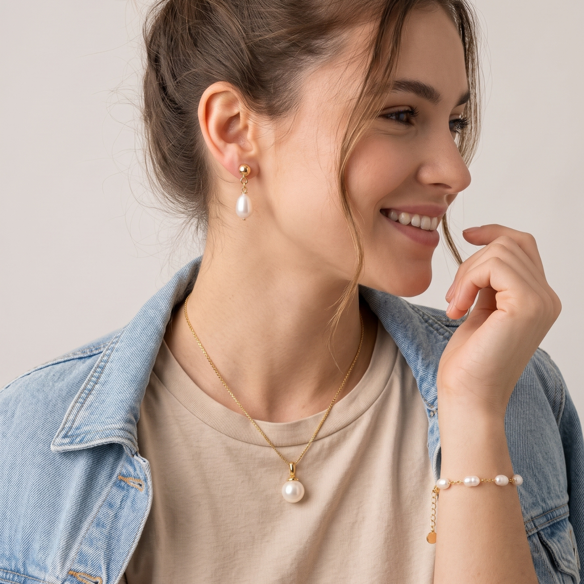 Set Bianca Trío | Collar Bianca, Aros Sienna y Pulsera Olivia 19 cm con Perlas de Río Naturales Baño Oro 18K
