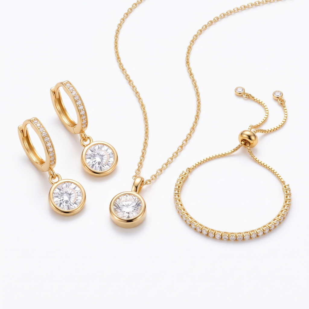 Set Punto de Luz Trío | Collar, Argollas y Pulsera Baño de Oro 18K con Micro Circones Blancos