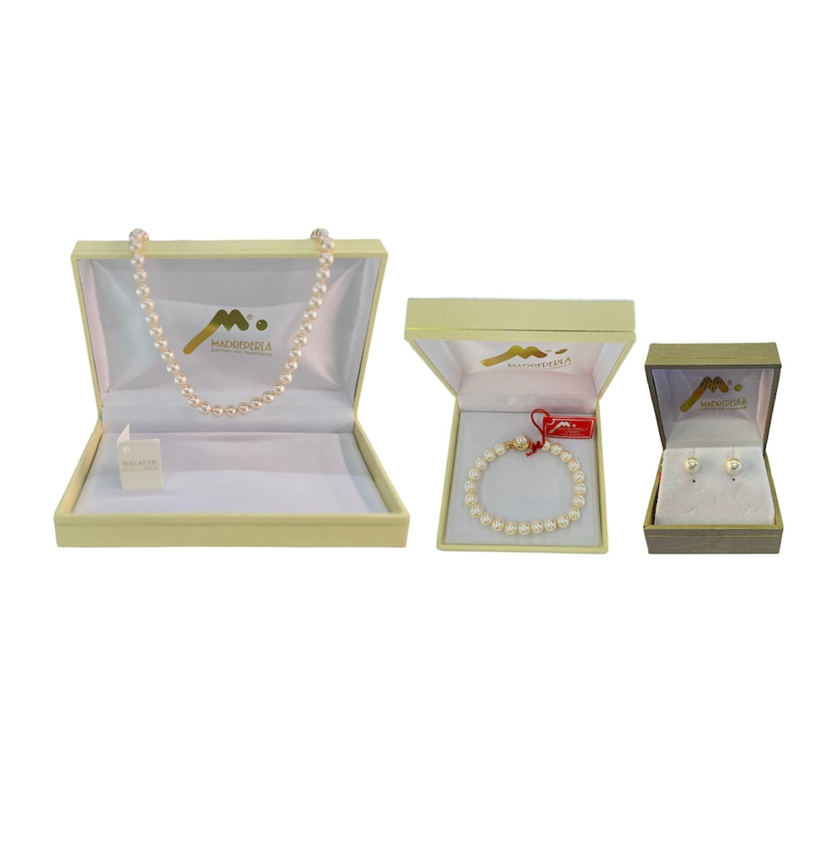 Set de 3 Collar de Perlas (6MM), Aros Pegados y Pulsera de Perlas, joyería Mare Rosato