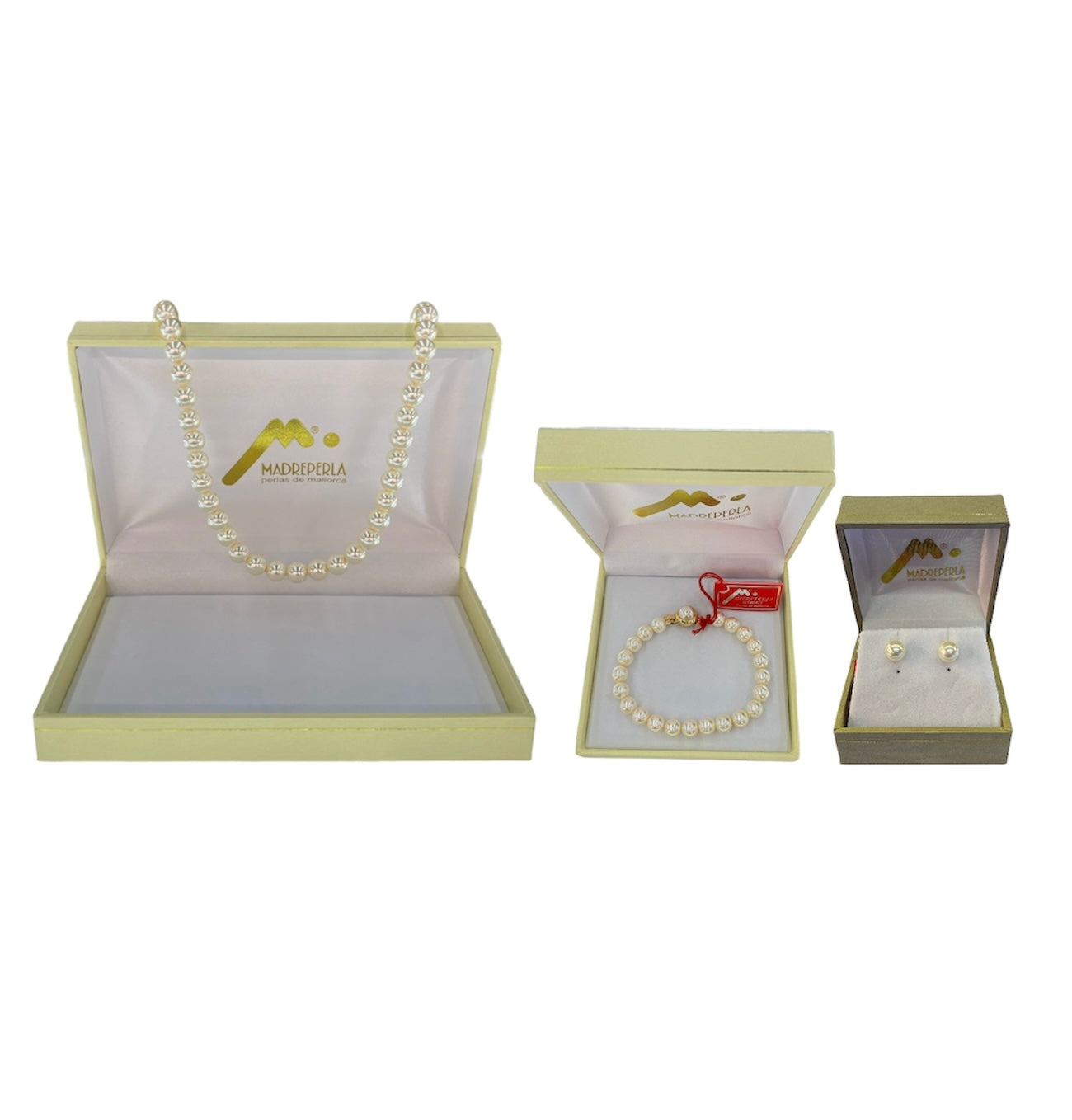 Set de 3 Collar de Perlas (8MM), Aros Pegados y Pulsera de Perlas