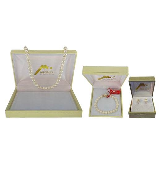 Set de 3 Collar de Perlas (8MM), Aros Pegados y Pulsera de Perlas