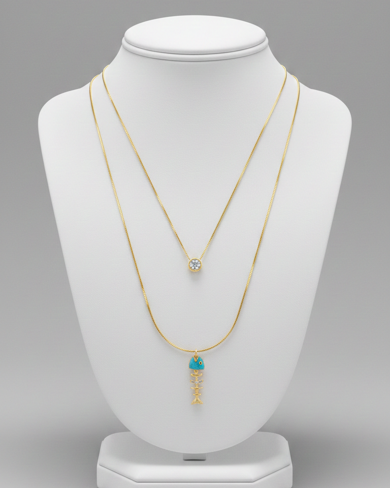 Set Collar Pescado Turquesa Esqueleto & Punto de Luz - Bañado en Oro 18K, joyería Mare Rosato