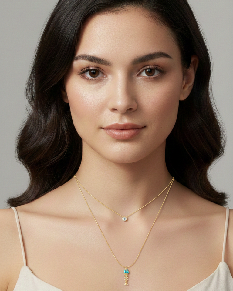 Set Collar Pescado Turquesa Esqueleto & Punto de Luz - Bañado en Oro 18K, joyería Mare Rosato
