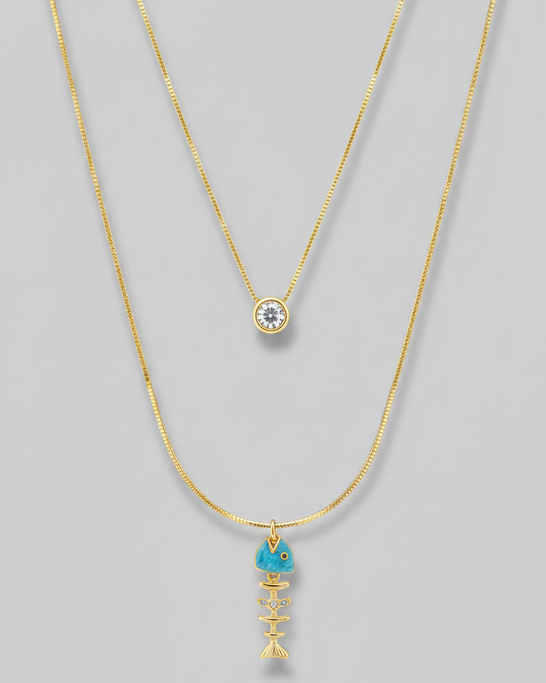Set Collar Pescado Turquesa Esqueleto & Punto de Luz - Bañado en Oro 18K, joyería Mare Rosato