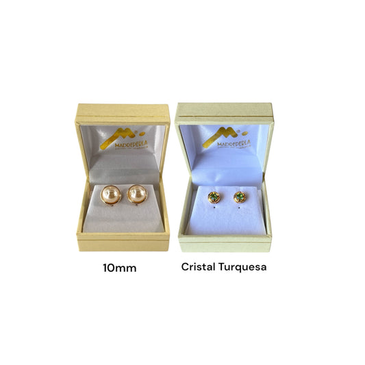 Set  Aros Medias Perlas 10mm mas Aros Cristal Swarovski Turquesa