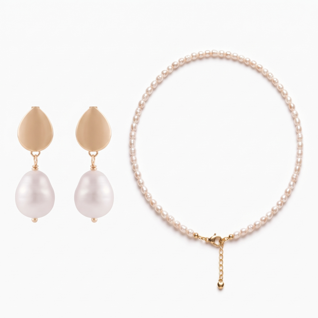 Set Amalia Dúo | Collar de Perlas de Río Naturales 4 mm 50 cm y Aros Amalia Baño Oro 18K