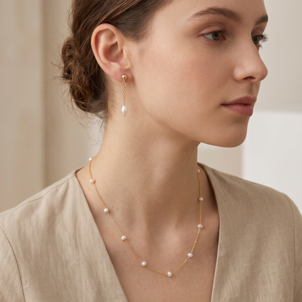 Set Olivia Dúo | Collar Torcido de Perlas de Río 50 cm y Aros Largos Olivia Baño Oro 18K