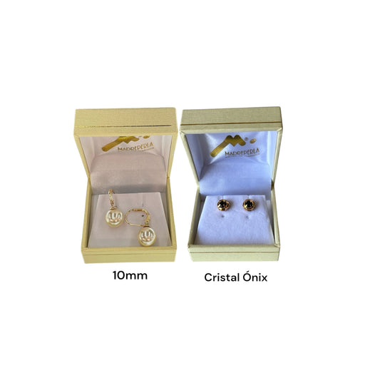 Set  Argollas de Perlas 10mm mas Aros Cristal Swarovski Onix