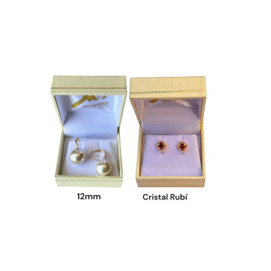 Set  Argollas de Perlas 12mm mas Aros Cristal Swarovski Rubi