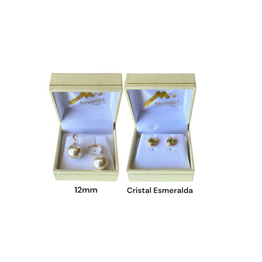 Set  Argollas de Perlas 12mm mas Aros Cristal Swarovski Esmeralda