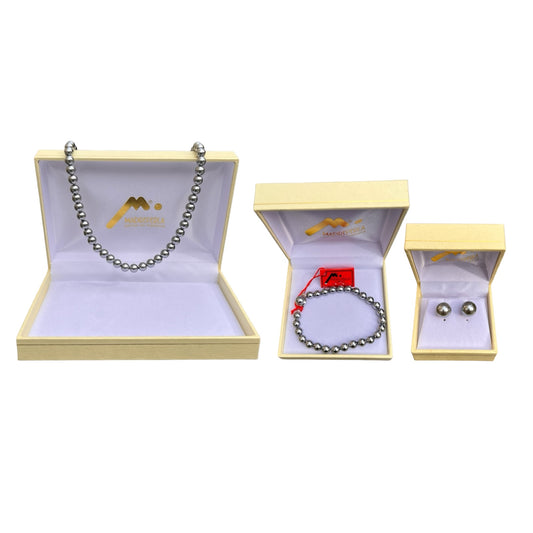 Set de 3 Collar de Perlas Gris mas Aros mas Pulsera Gris