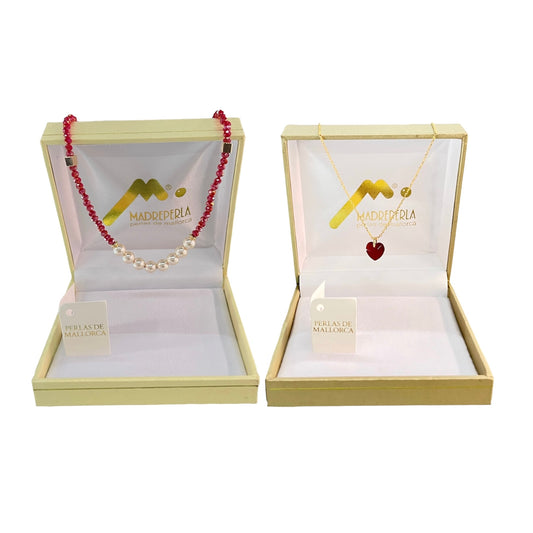 Set de Collar de Perlas con cristales Rubí mas Collar Corazon Swarovski Rubi