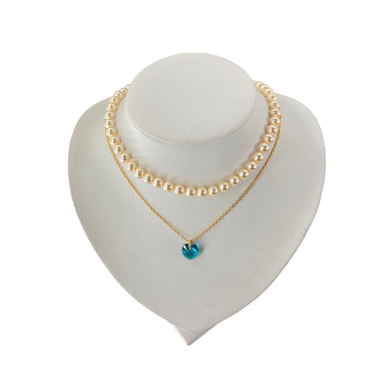 Set de Collar de Perlas 40 cm mas Collar Corazon Turquesa