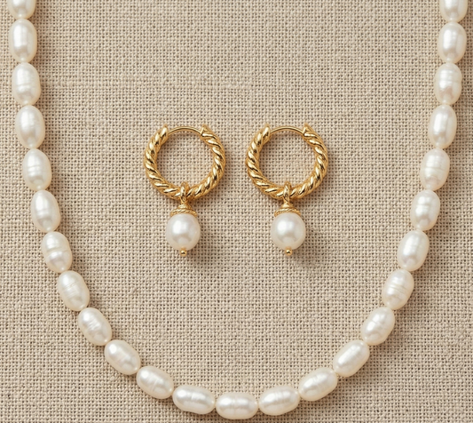 Set Perla Aurea | Collar de Perlas de Río Naturales 7-8 mm y Argollas con Perla