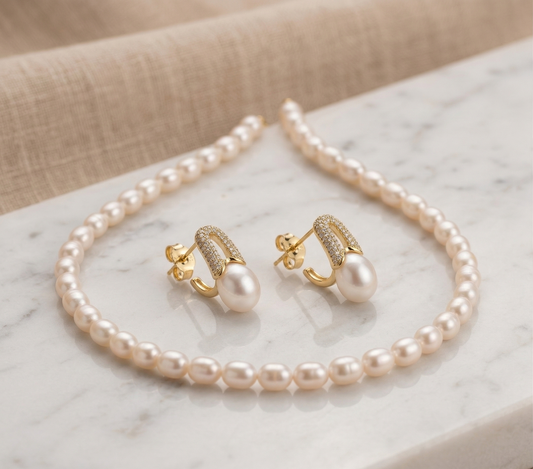 Set Perla Elegance | Collar de Perlas de Río Naturales 7-8 mm y Aros Largos con Perla