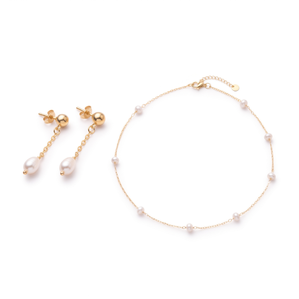 Set Olivia Dúo | Collar Torcido de Perlas de Río 50 cm y Aros Largos Olivia Baño Oro 18K