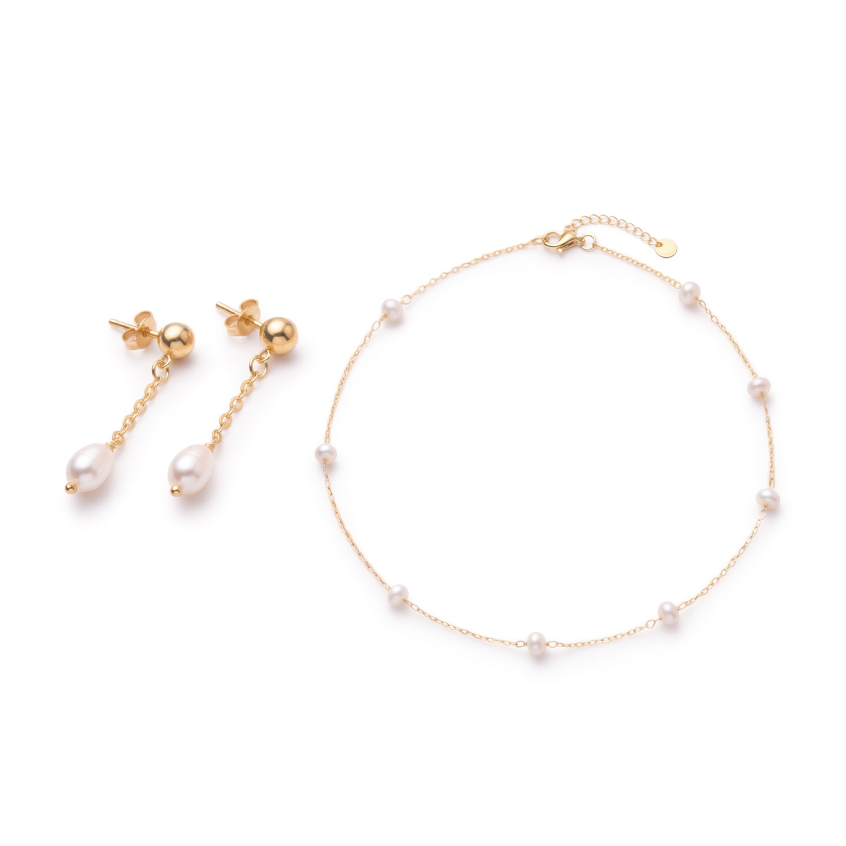 Set Olivia Dúo | Collar Torcido de Perlas de Río 50 cm y Aros Largos Olivia Baño Oro 18K