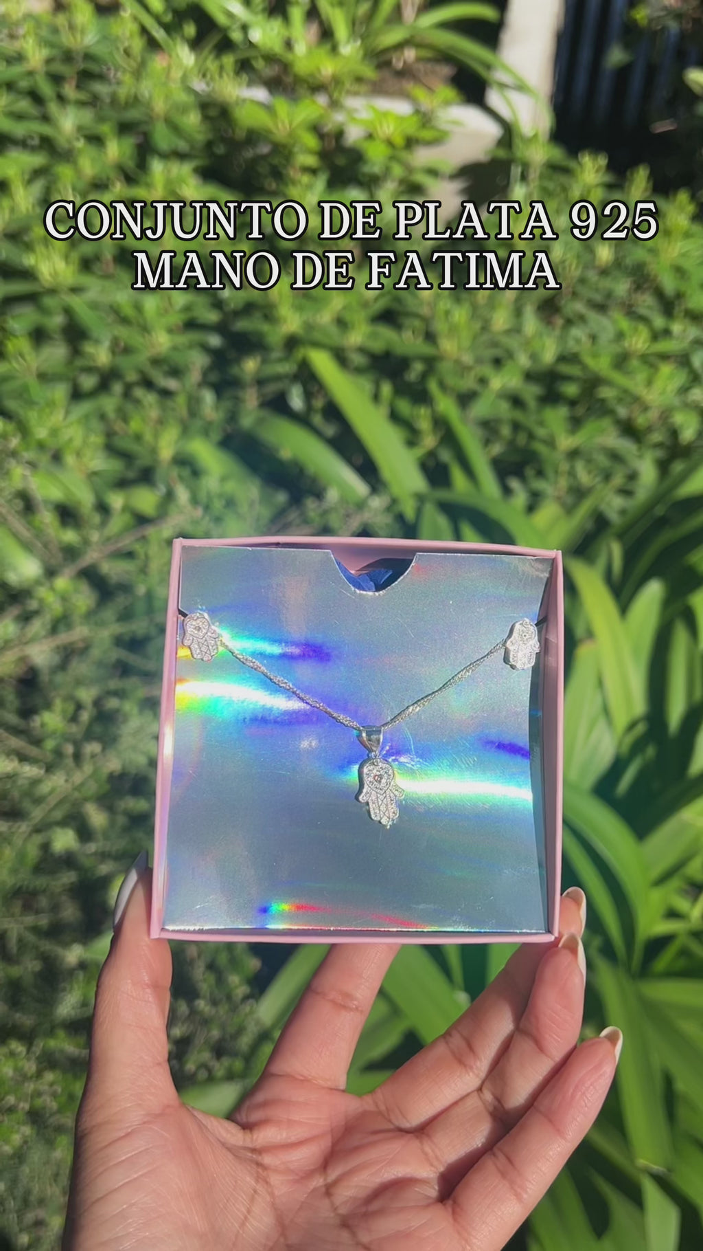 Set Mano de Fátima Plata 925 | Collar y Aros con Micro Circones Blancos